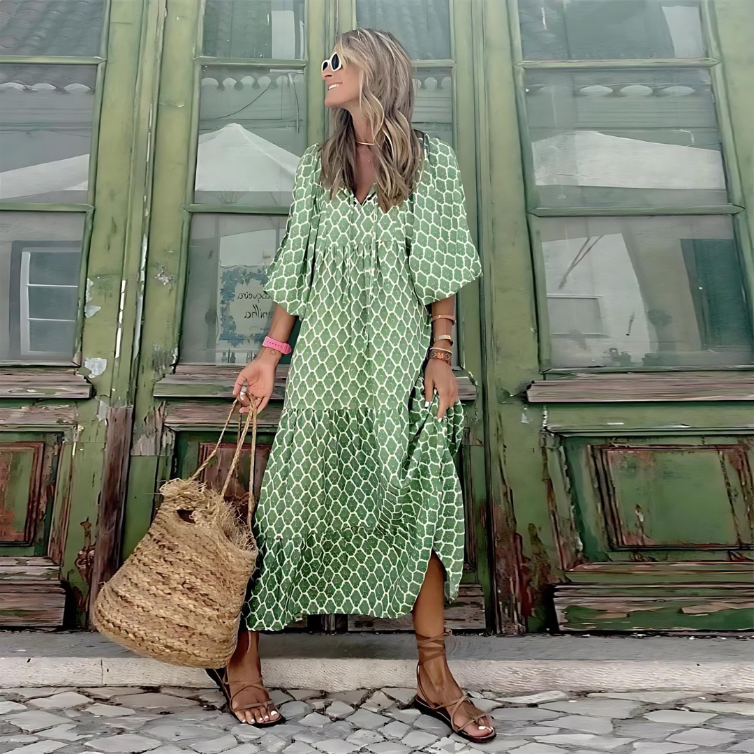 CASSANDRA - WOMEN'S GEOMETRIC PRINT HIGH-LOW DRESS