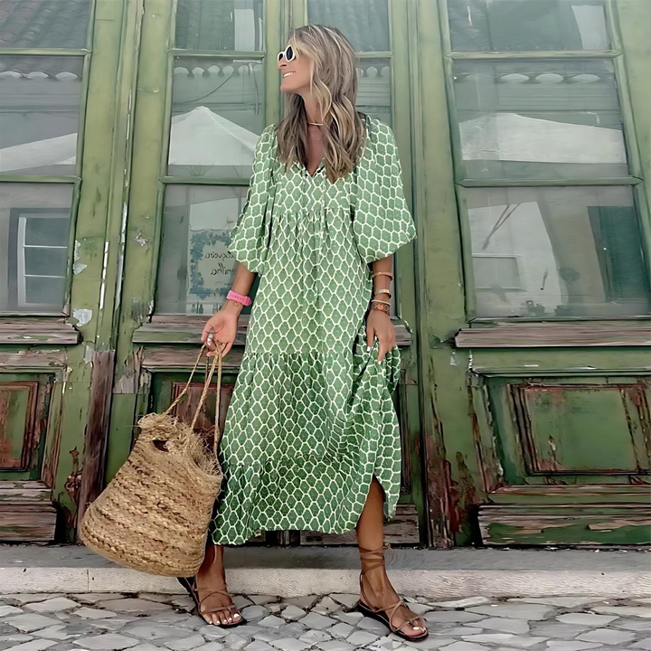 CASSANDRA - WOMEN'S GEOMETRIC PRINT HIGH-LOW DRESS